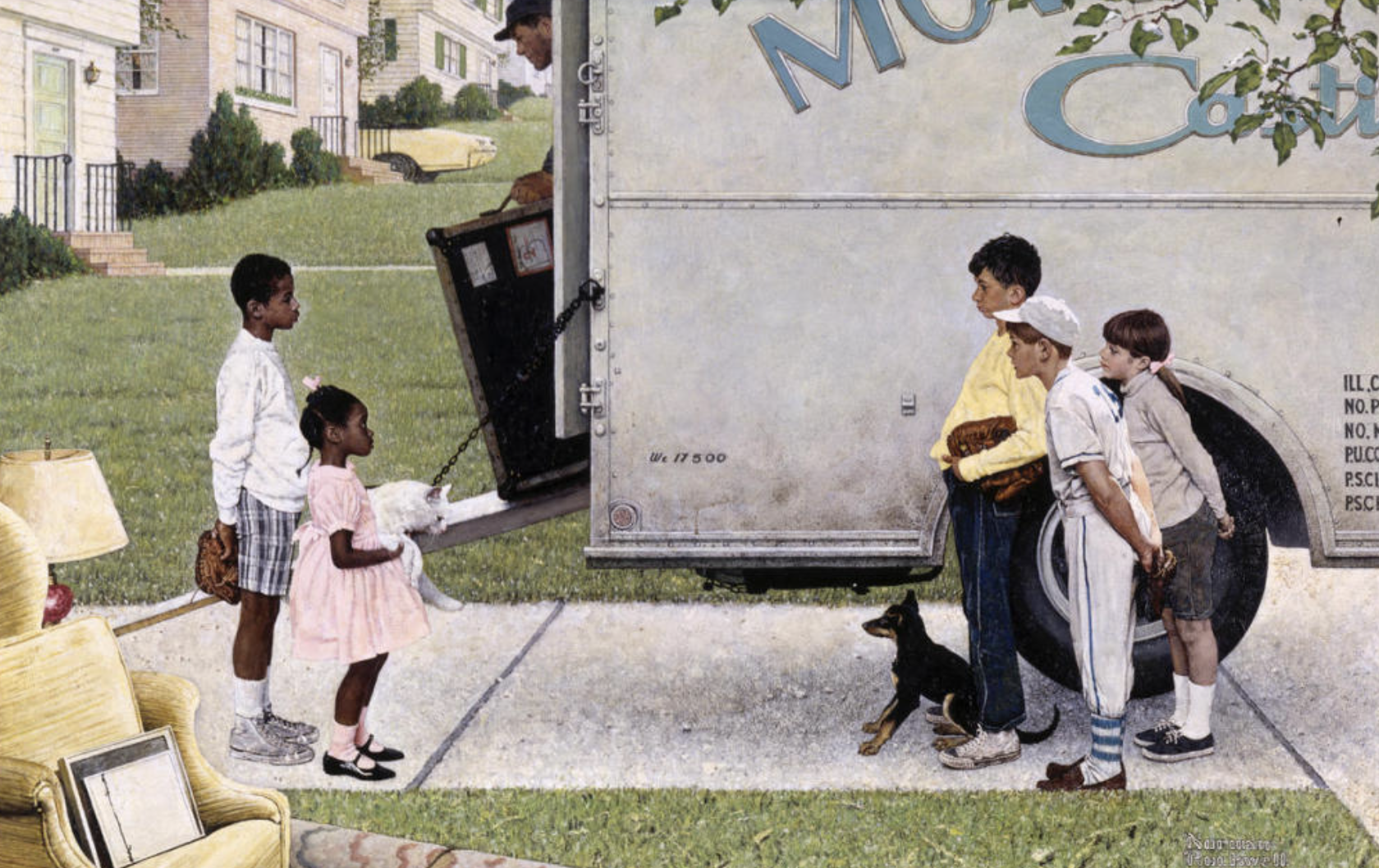 Rockwell’s “New Kids in the Neighborhood”: a Black brother and sister holding a cat stand by their open moving van, facing three white boys with baseball gloves and a wary dog—first cautious encounter on a quiet suburban street.